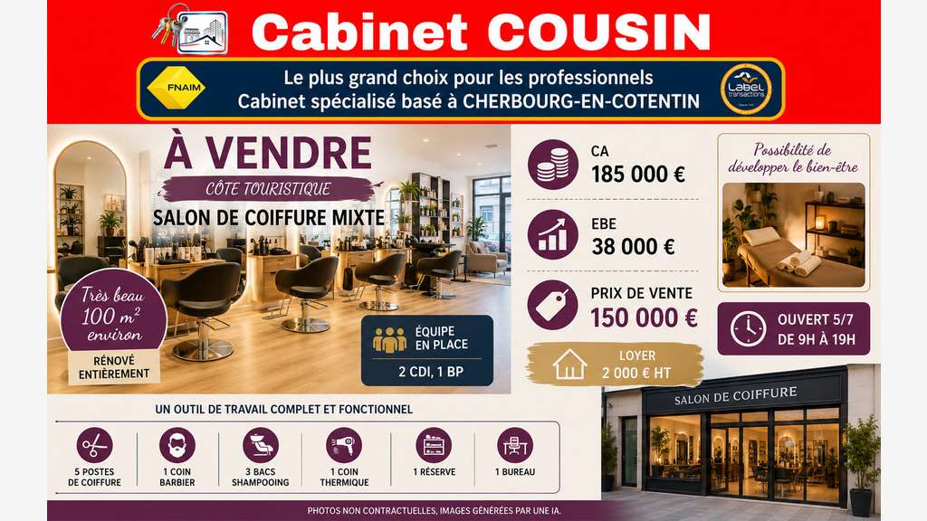Vente salon de coiffure mixte côte touristique 50