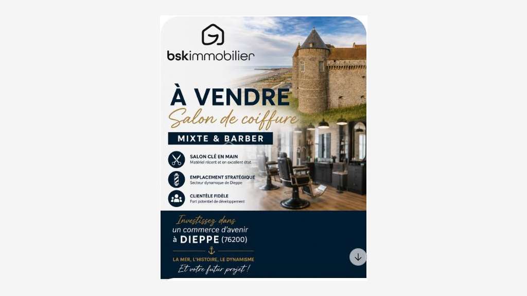 Vente beau salon de coiffure mixte barbier Dieppe