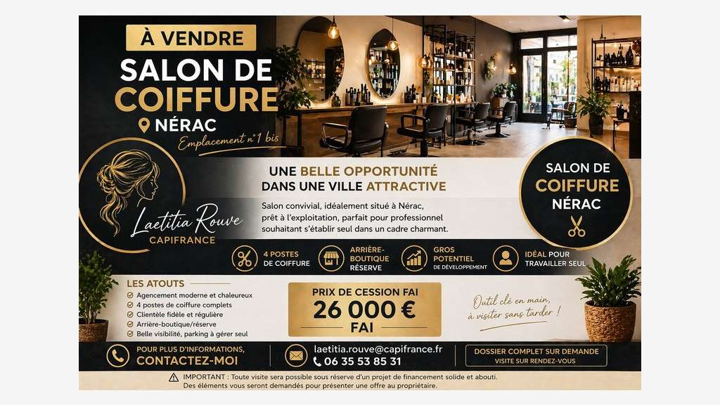 A vendre salon de coiffure clé en main à Nérac