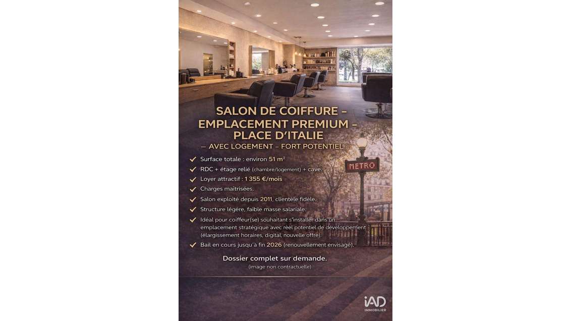 Vente salon de coiffure empl premium à Paris 75013