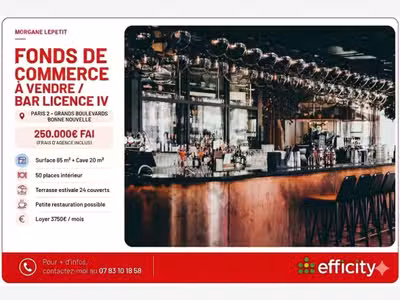 Vente bar lic IV 85m² empl stratégique Paris 75002