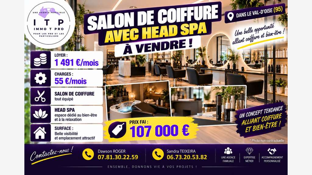 Vente salon de coiffure head spa 95