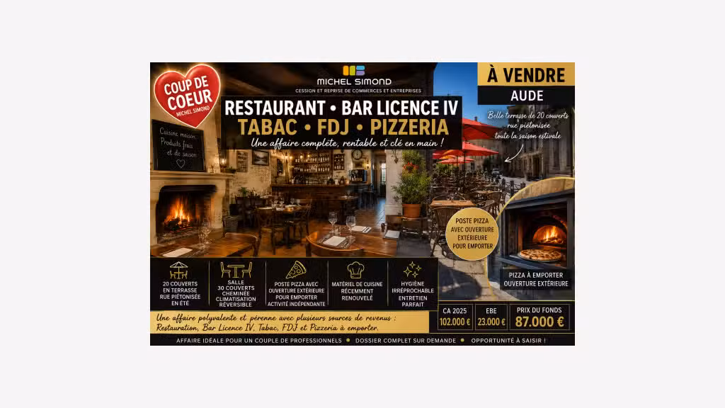 Vente bar tabac FDJ pizzeria licence IV en Aude