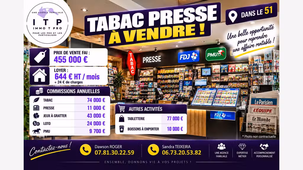Vente beau FDC tabac presse FDJ grande ville Marne