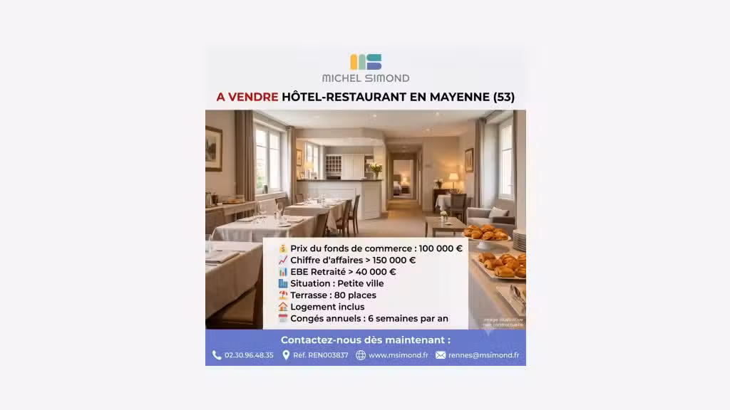 A vendre hôtel-restaurant ca de 160 k€ en Mayenne