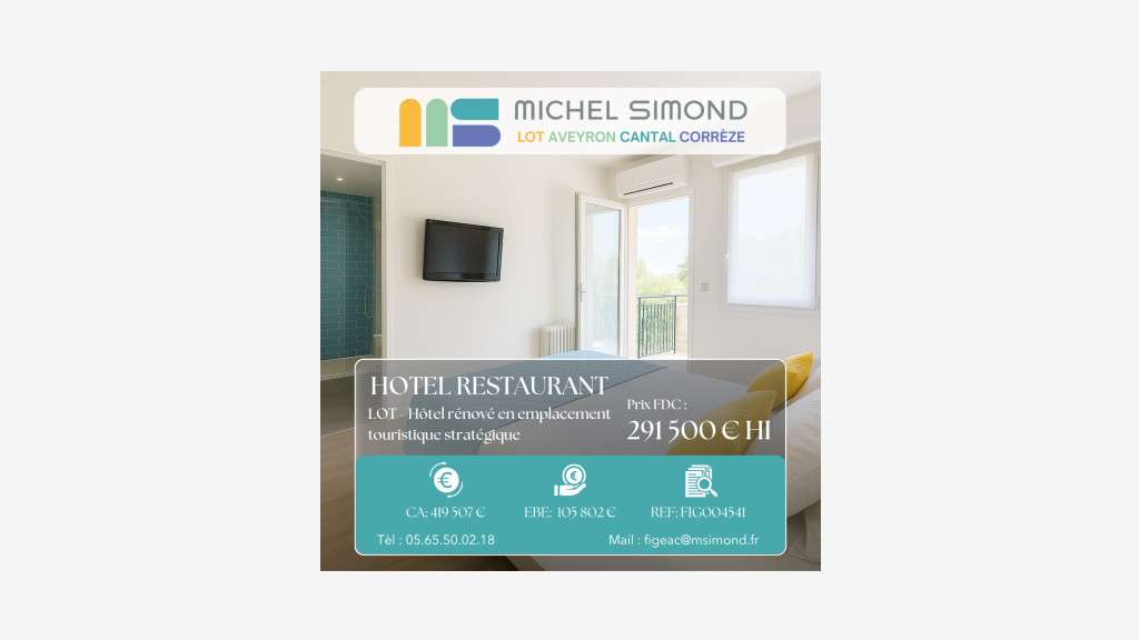 AV hôtel restaurant 19 chambres CA 419 000 €  - 46