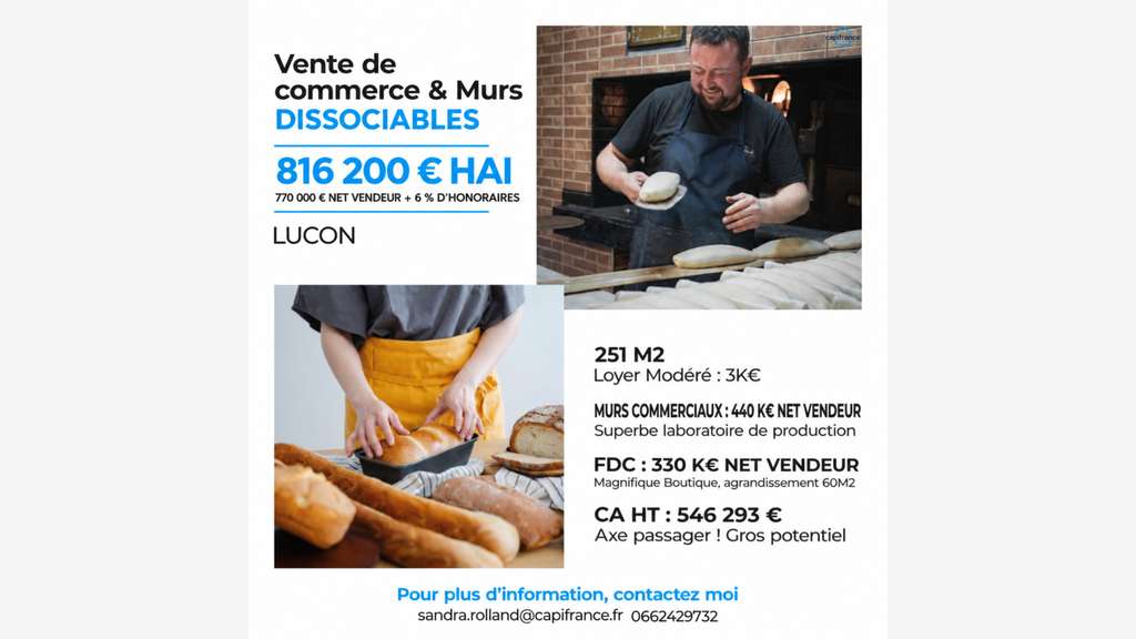 AV murs commerciaux boulangerie de 251m² à Luçon