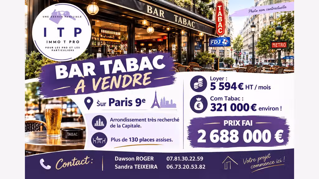 Vente superbe bar tabac top empl Paris Rive Droite