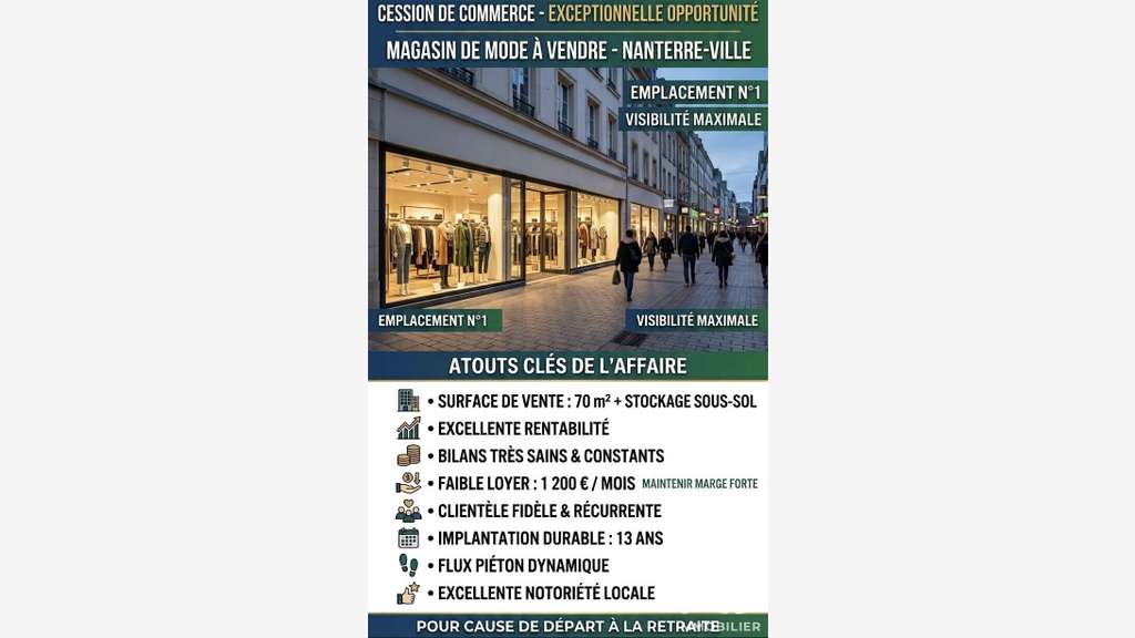Vente FDC prêt-à-porter à Nanterre top emplacement