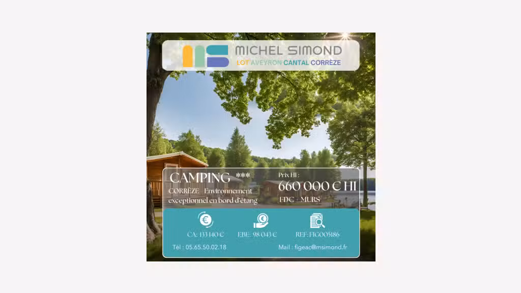 Vente magnifique camping en bord d'étang Corrèze