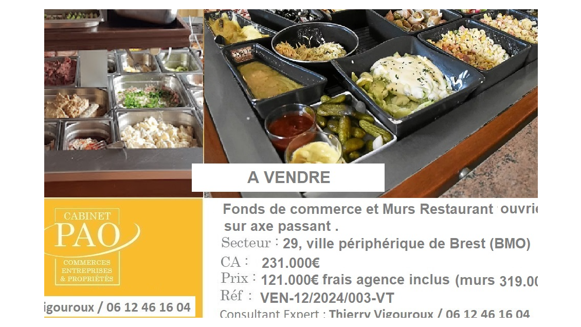 Vente murs et fonds restaurant ouvrier Finistère