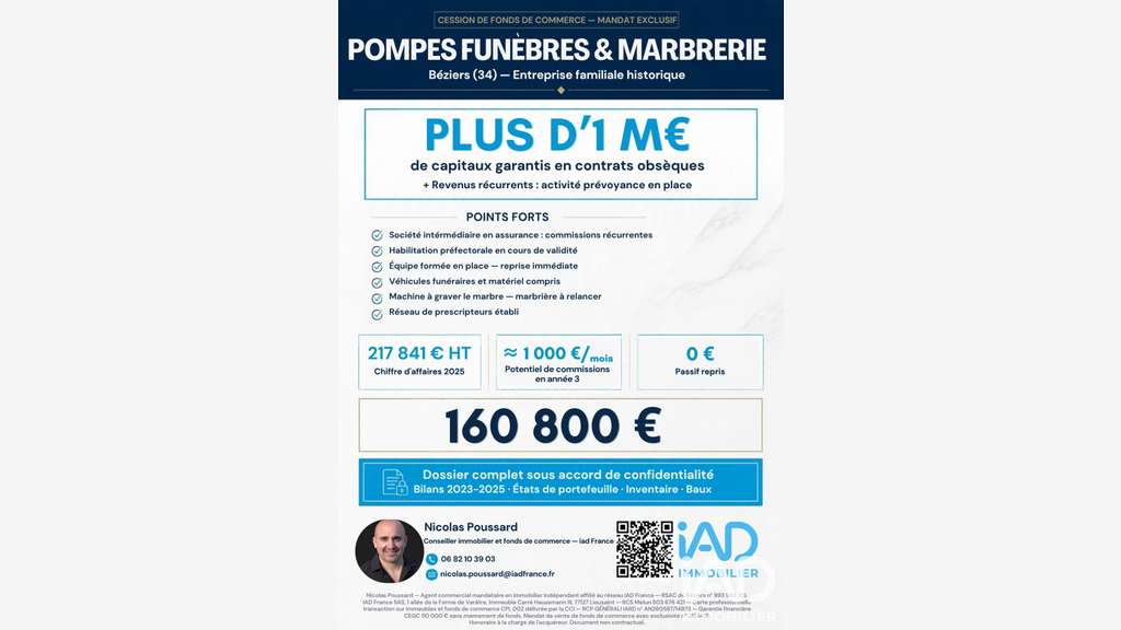 Vente FDC pompes funèbres à Béziers