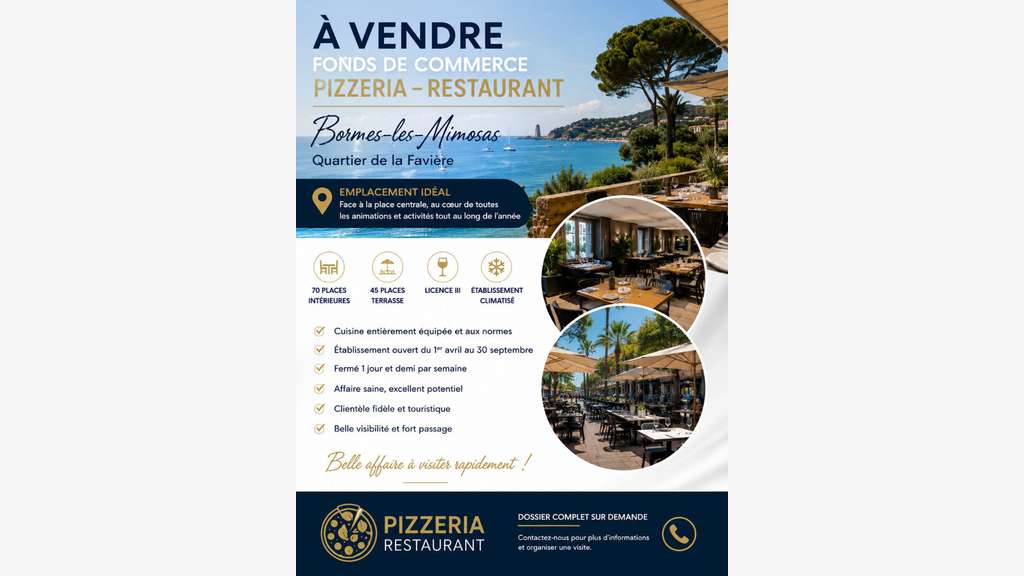 A vendre FDC pizzeria quartier très prisé à Bormes