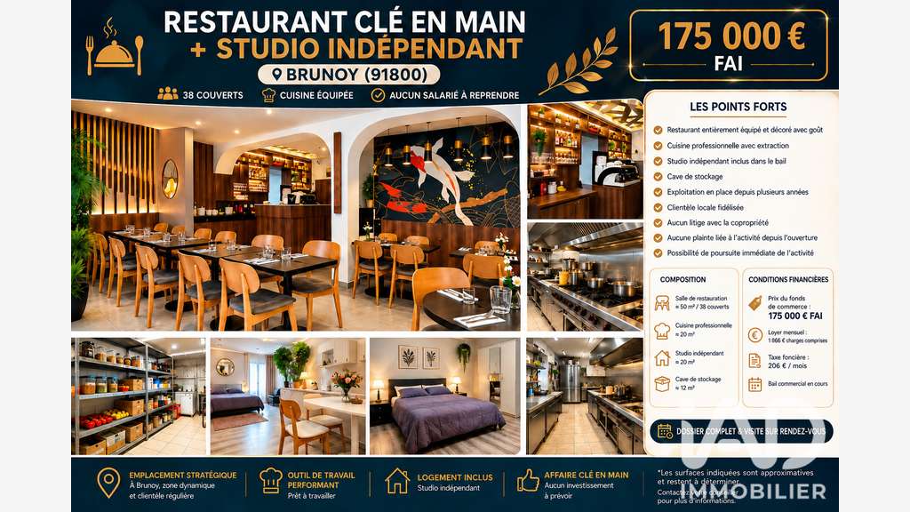Vente restaurant clé en main + studio à Brunoy
