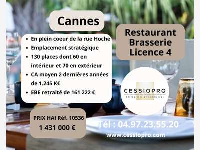 Vente restaurant brasserie licence 4 à Cannes
