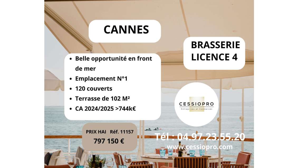 À vendre brasserie licence 4 Face mer à Cannes