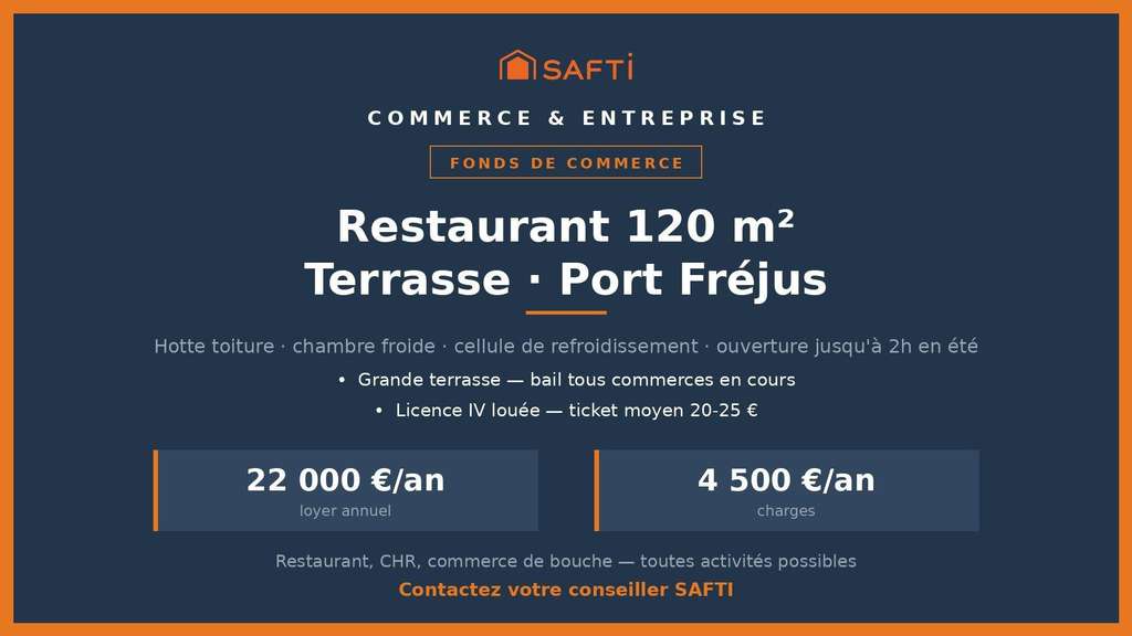 Cède fonds restaurant 120m² + terrasse port Fréjus