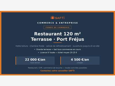 Cède fonds restaurant 120m² + terrasse port Fréjus