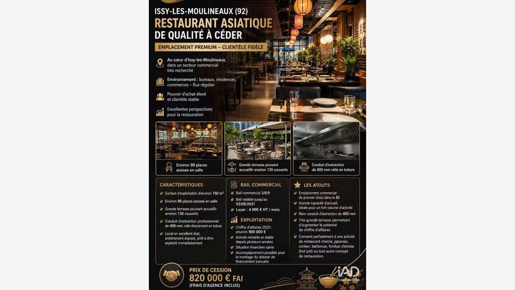 Vente restaurant asiatique à Issy-les-Moulineaux
