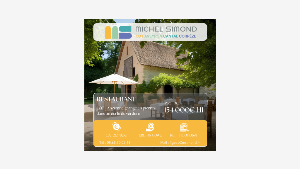 Vente restaurant de charme terrasse logement Lot