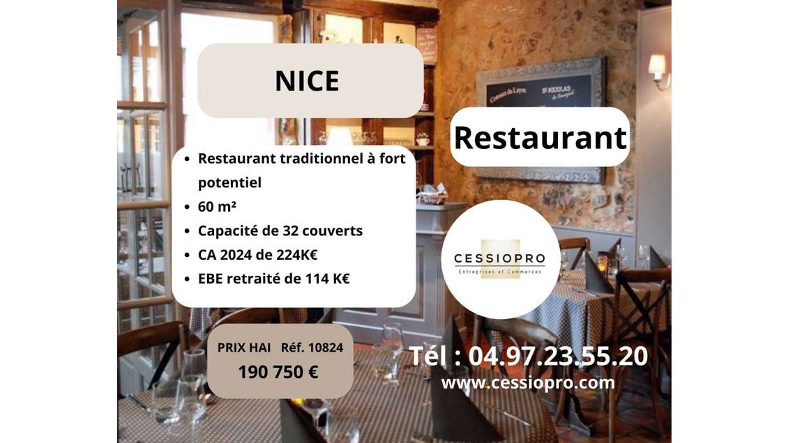 Cède restaurant traditionnel à fort potentiel Nice