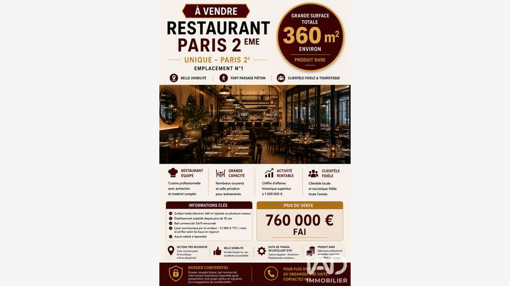 Vente restaurant d'exception empl N°1 Paris 75002