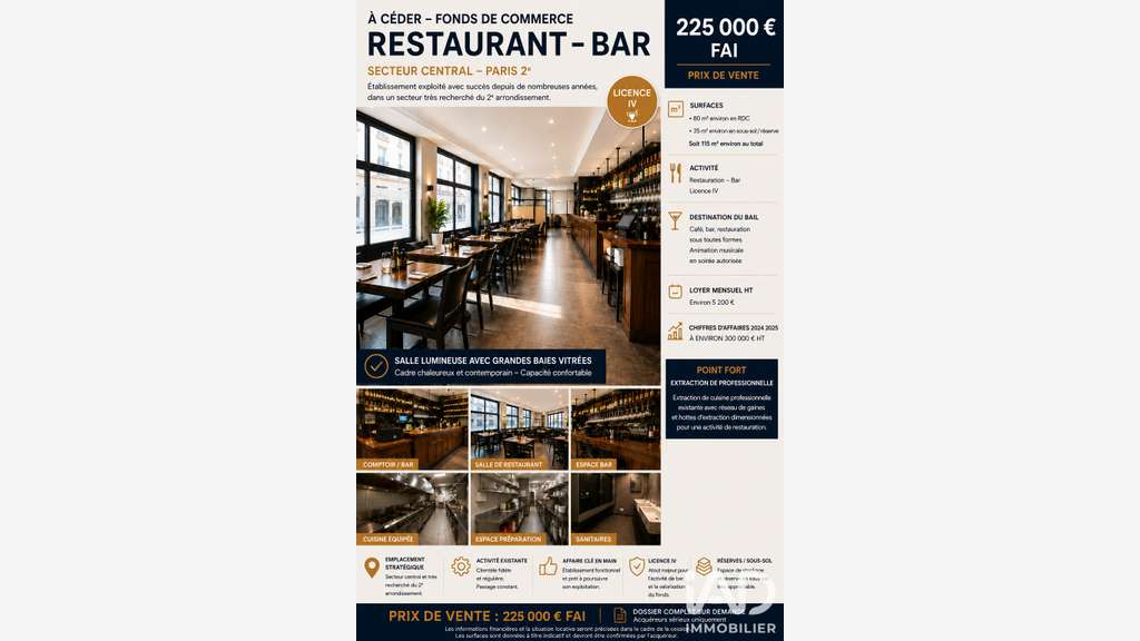 Vente restaurant bar licence IV à Paris 75002