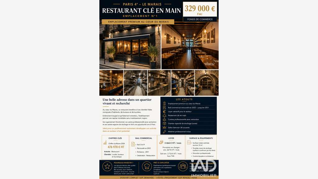 Vente restaurant de 70m² à Paris 75004 le Marais 