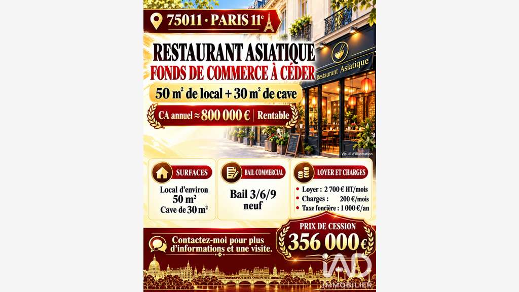 Vente restaurant asiatique rentable à Paris 75011