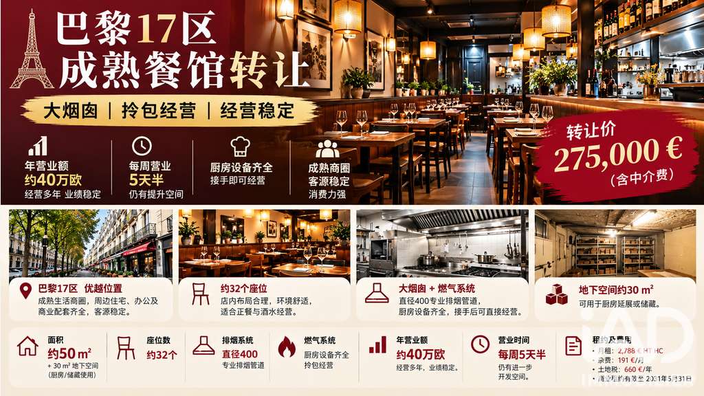 Vente restaurant quartier recherché à Paris 75017