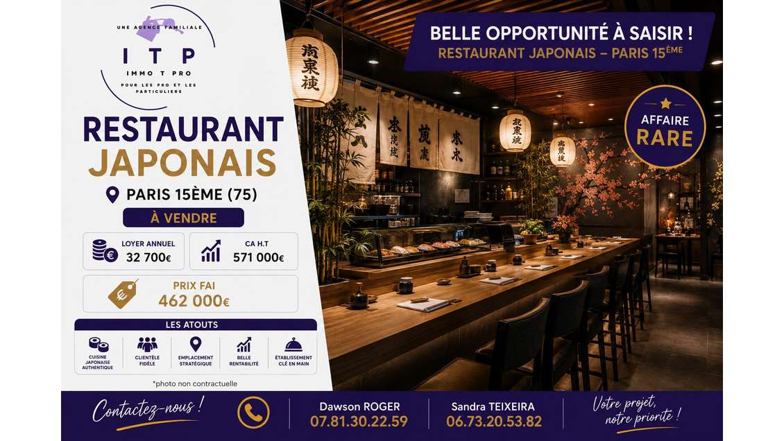 Vente superbe restaurant japonais à Paris 75005