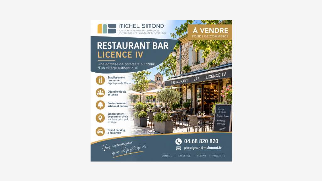 Vente restaurant bar licence IV village typique 66