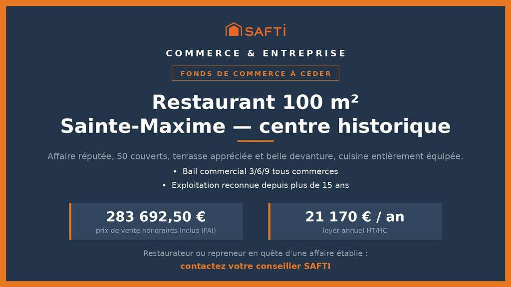 Vente restaurant réputé au cœur de Sainte-Maxime
