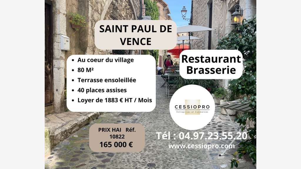 Cède restaurant brasserie 80m² Saint Paul de Vence