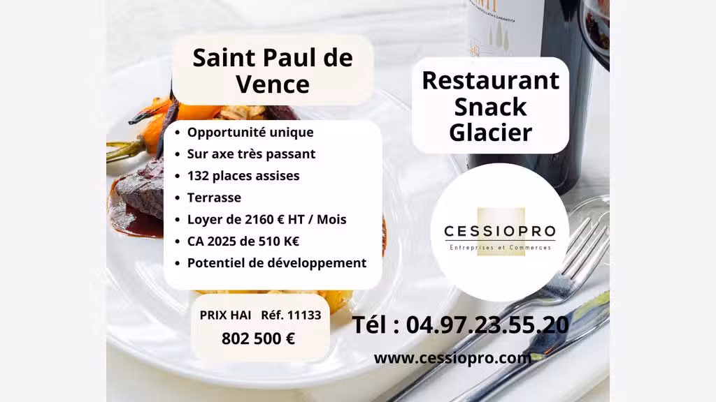 Vente restaurant snack glacier Saint Paul de Vence