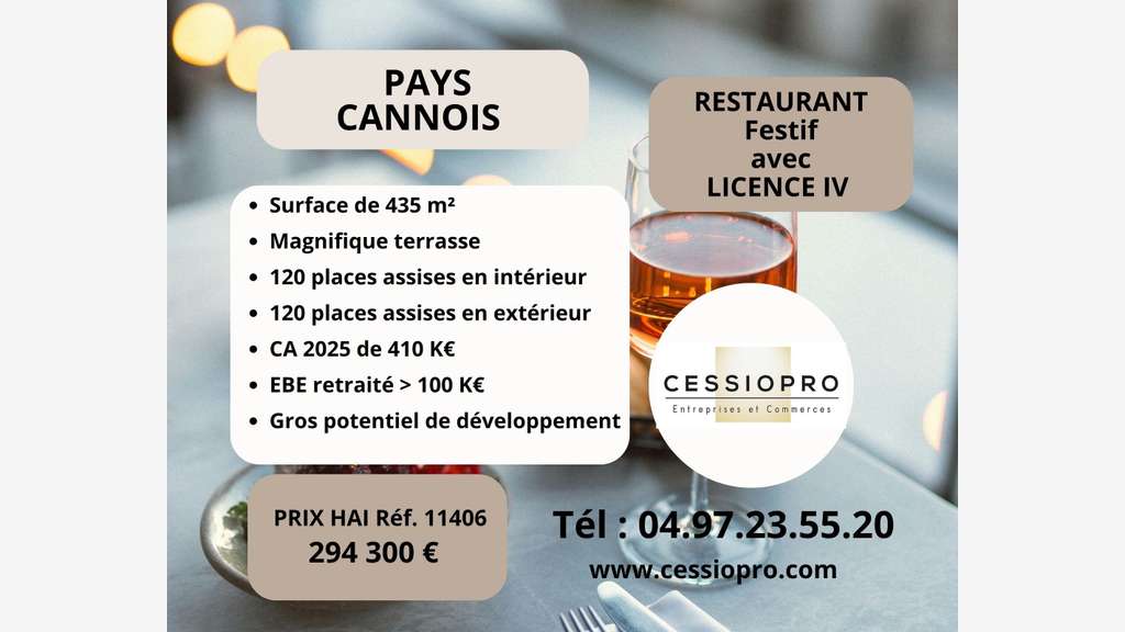 AV restaurant festif avec licence IV Pays Cannois