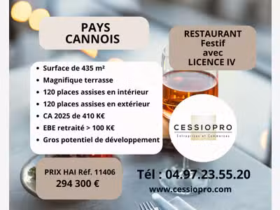 AV restaurant festif avec licence IV Pays Cannois