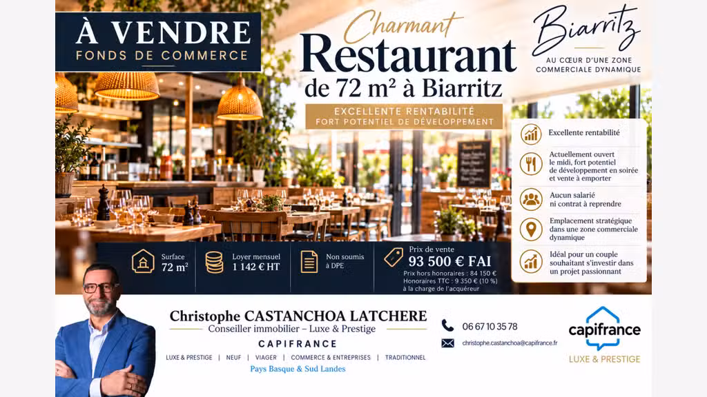 Vente charmant restaurant de 72m² à Biarritz